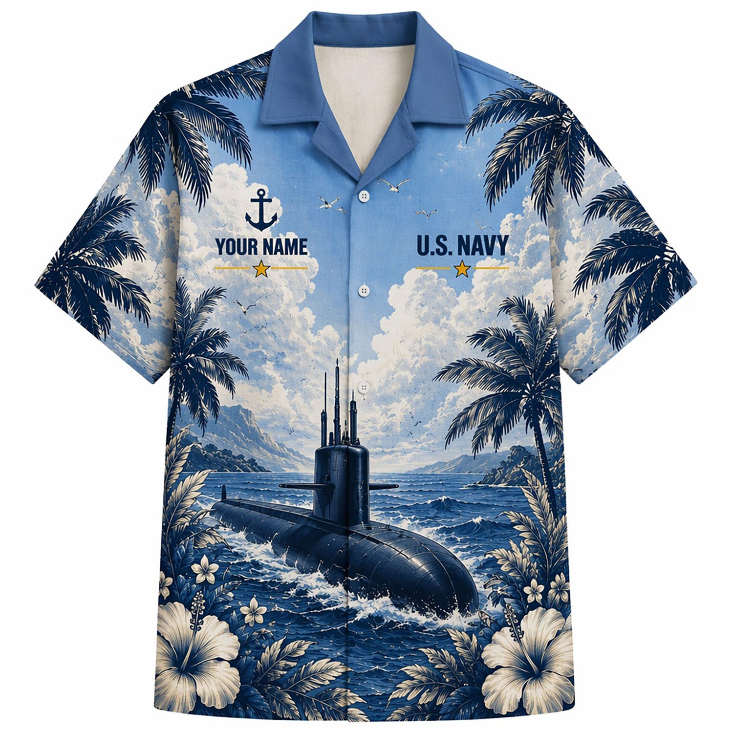 Front flat-lay view of the Personalized USS Nautilus SSN-571 US Navy Blue Hawaiian Shirt with a detailed submarine under a cloudy tropical sky