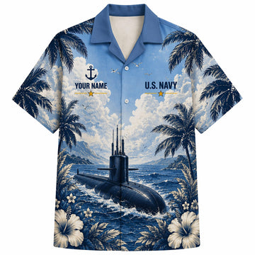 Front flat-lay view of the Personalized USS Nautilus SSN-571 US Navy Blue Hawaiian Shirt with a detailed submarine under a cloudy tropical sky