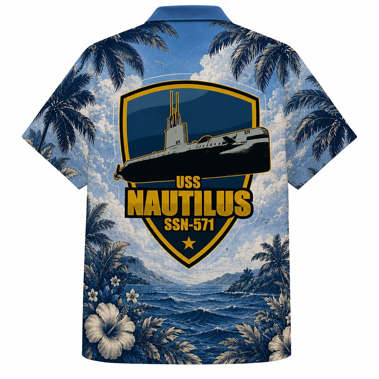 Back view mockup of the USS Nautilus SSN-571 Hawaiian shirt showcasing the yellow and black military shield emblem with the historic ship identification