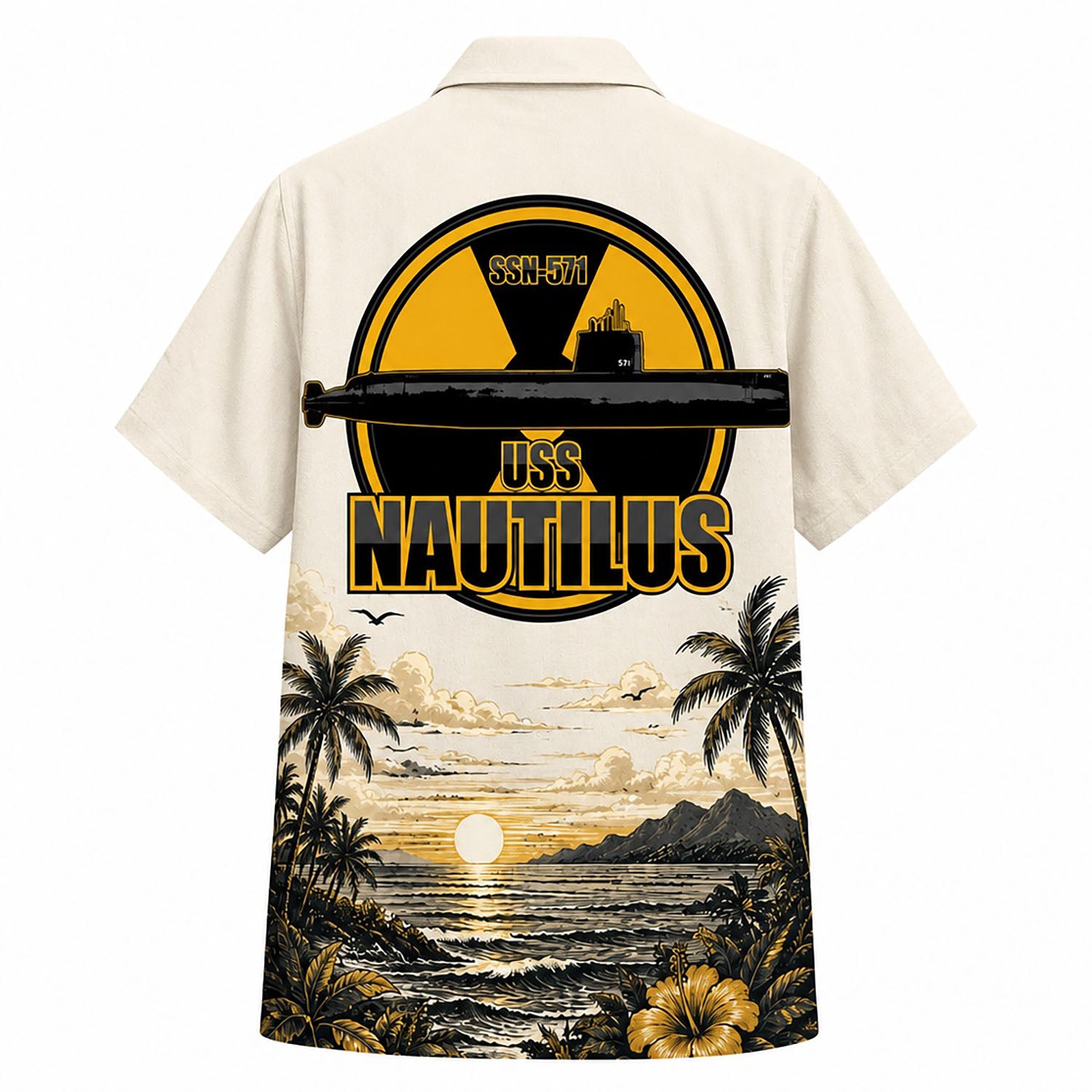 Back view mockup of the USS Nautilus SSN-571 cream Hawaiian shirt showcasing the yellow and black circular nuclear radiation badge emblem