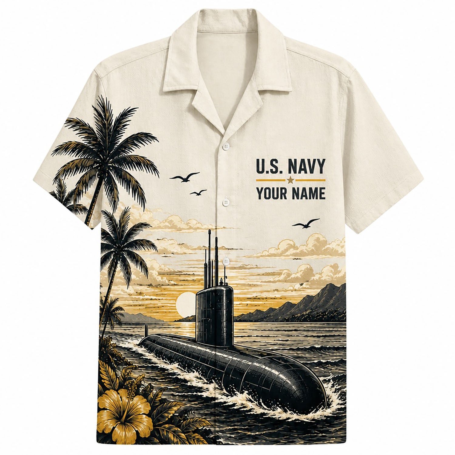 Front flat-lay view of the Personalized USS Nautilus SSN-571 US Navy Sunset Cream Hawaiian Shirt with a submarine sailing during golden hour