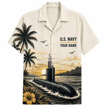 Front flat-lay view of the Personalized USS Nautilus SSN-571 US Navy Sunset Cream Hawaiian Shirt with a submarine sailing during golden hour