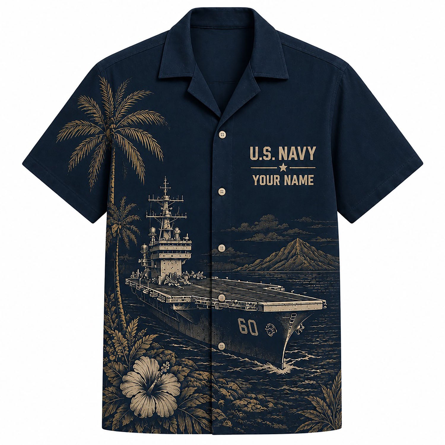 Front flat-lay view of the Personalized USS Saratoga CV-60 Hawaiian Shirt in navy blue with gold-toned supercarrier line art and custom name