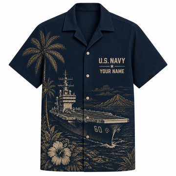 Front flat-lay view of the Personalized USS Saratoga CV-60 Hawaiian Shirt in navy blue with gold-toned supercarrier line art and custom name