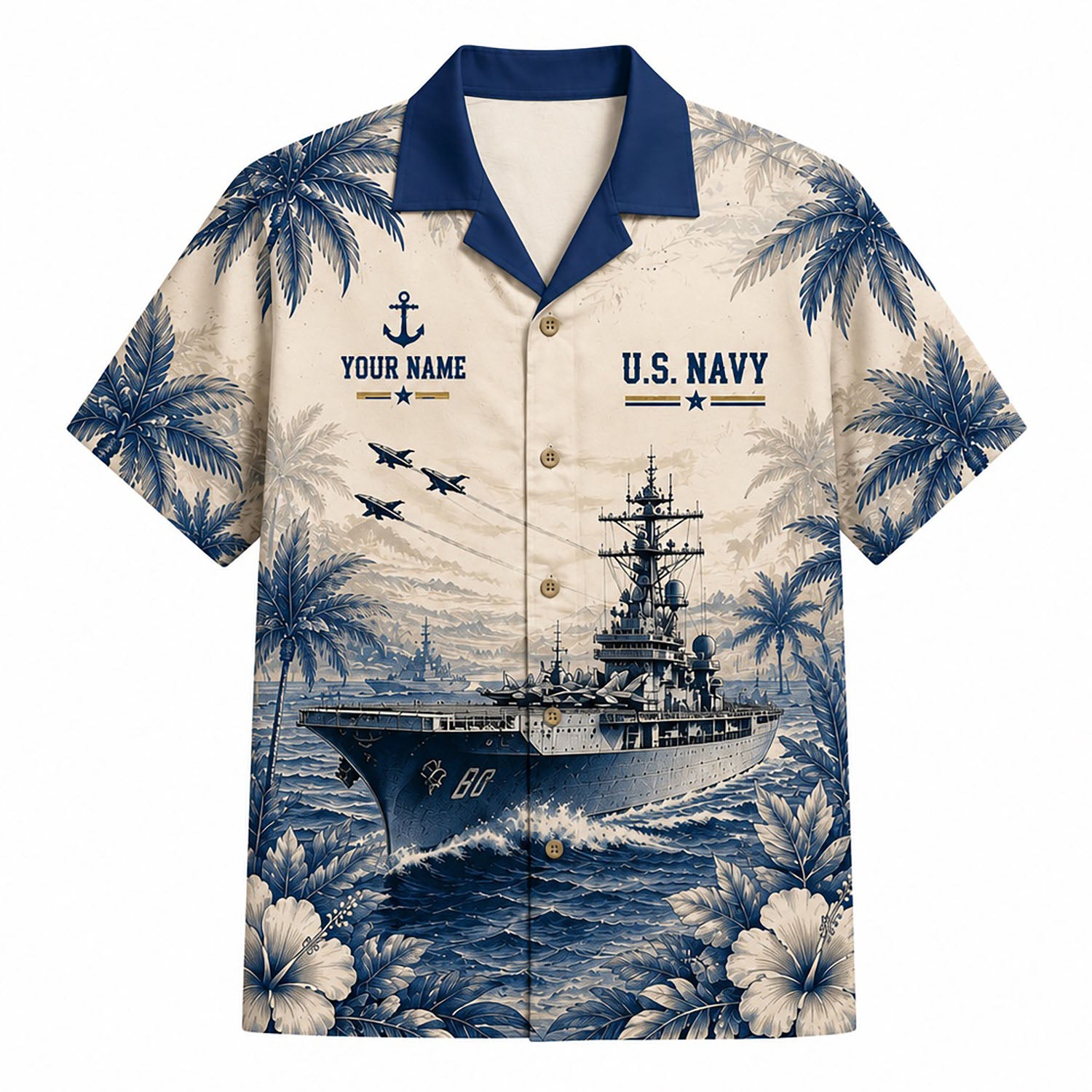 Front flat-lay view of the Personalized USS Saratoga CV-60 Hawaiian Shirt in cream with a solid navy blue collar and custom name