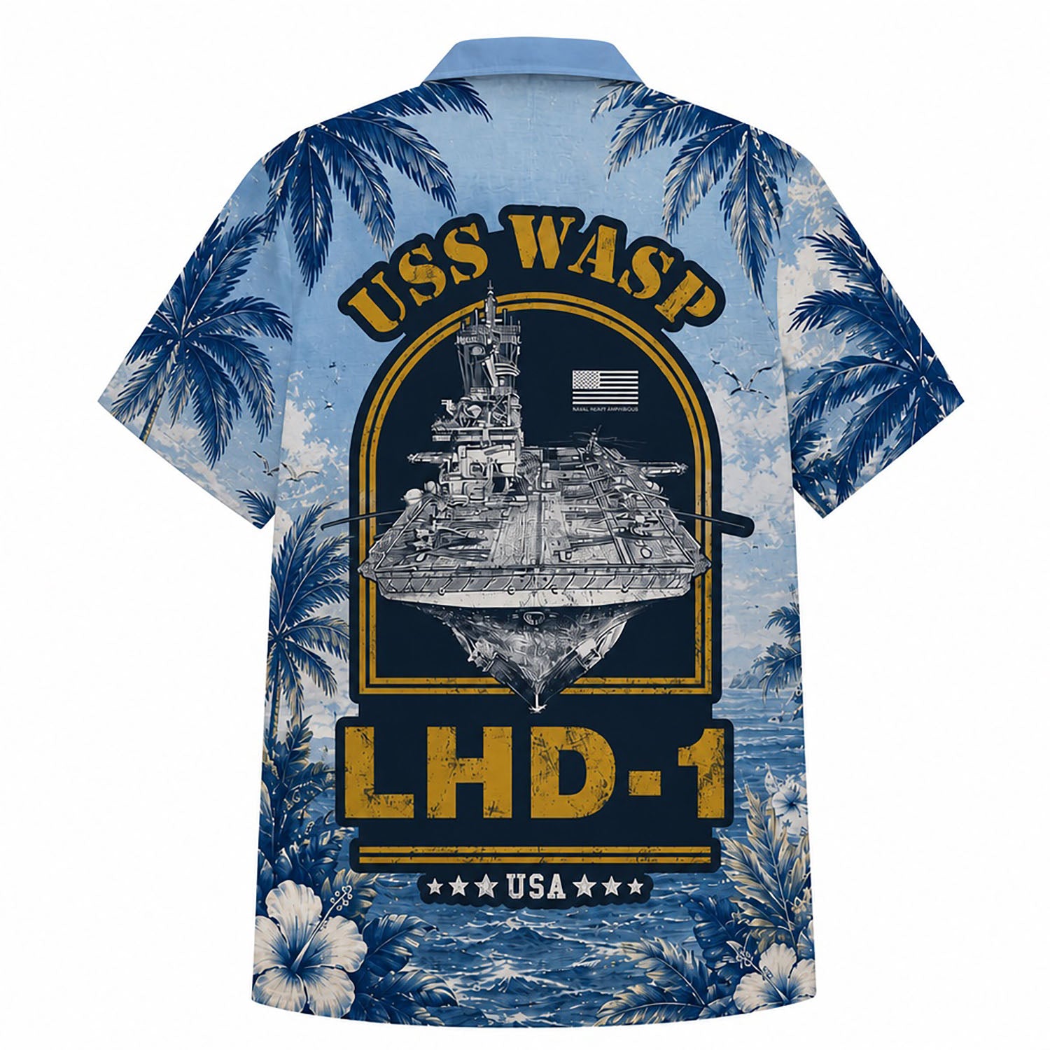 Back view mockup of the USS Wasp LHD-1 Hawaiian shirt showcasing the detailed amphibious assault ship graphic inside a golden arch with "USS WASP LHD-1" vintage typography
