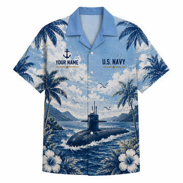 Front flat-lay view of the Personalized USS Wasp LHD-1 US Navy Light Blue Hawaiian Shirt with a submarine graphic, palm trees, and custom name banner template