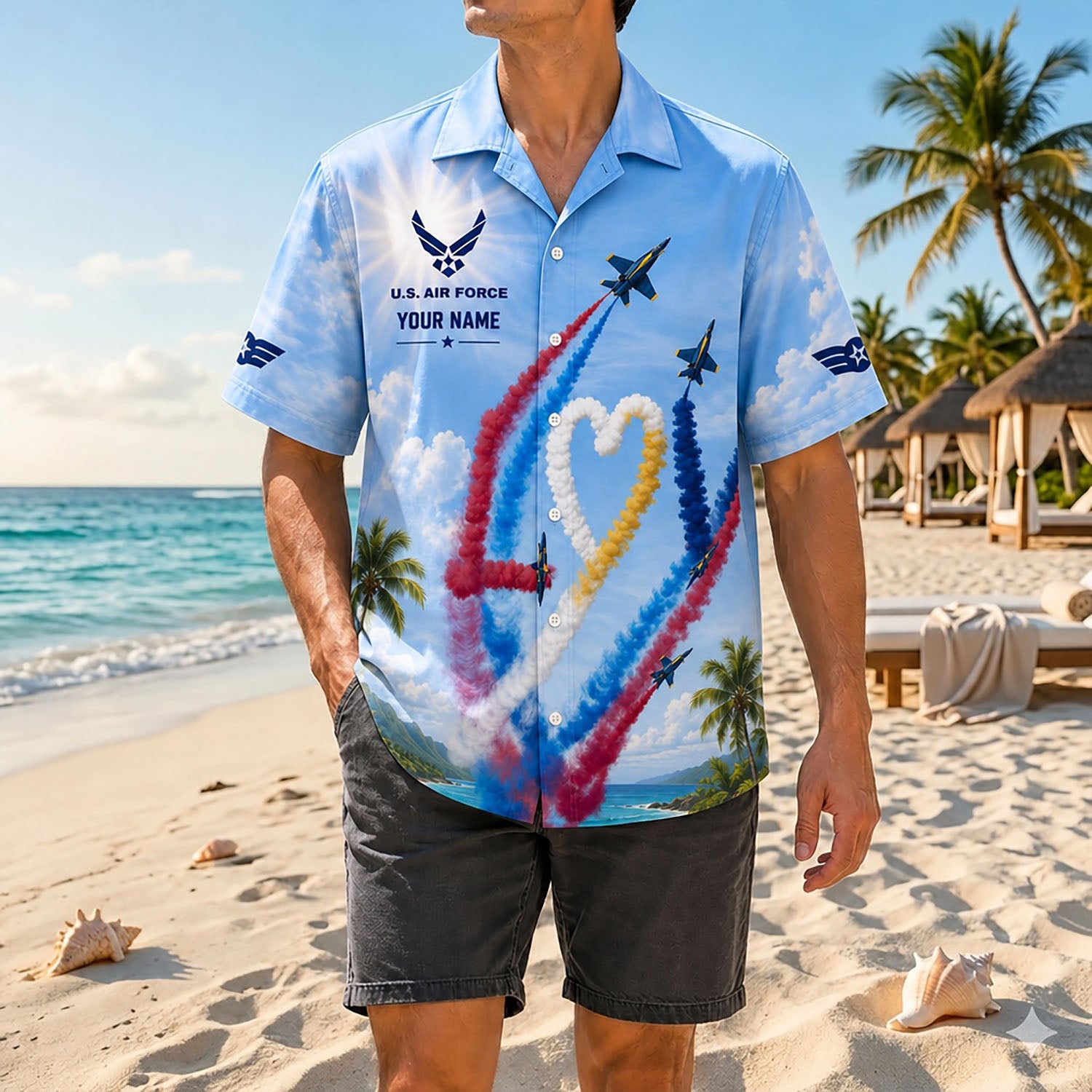 Full-body shot of a model wearing the light blue Air Force flight display shirt, perfect for veterans and aviation enthusiasts