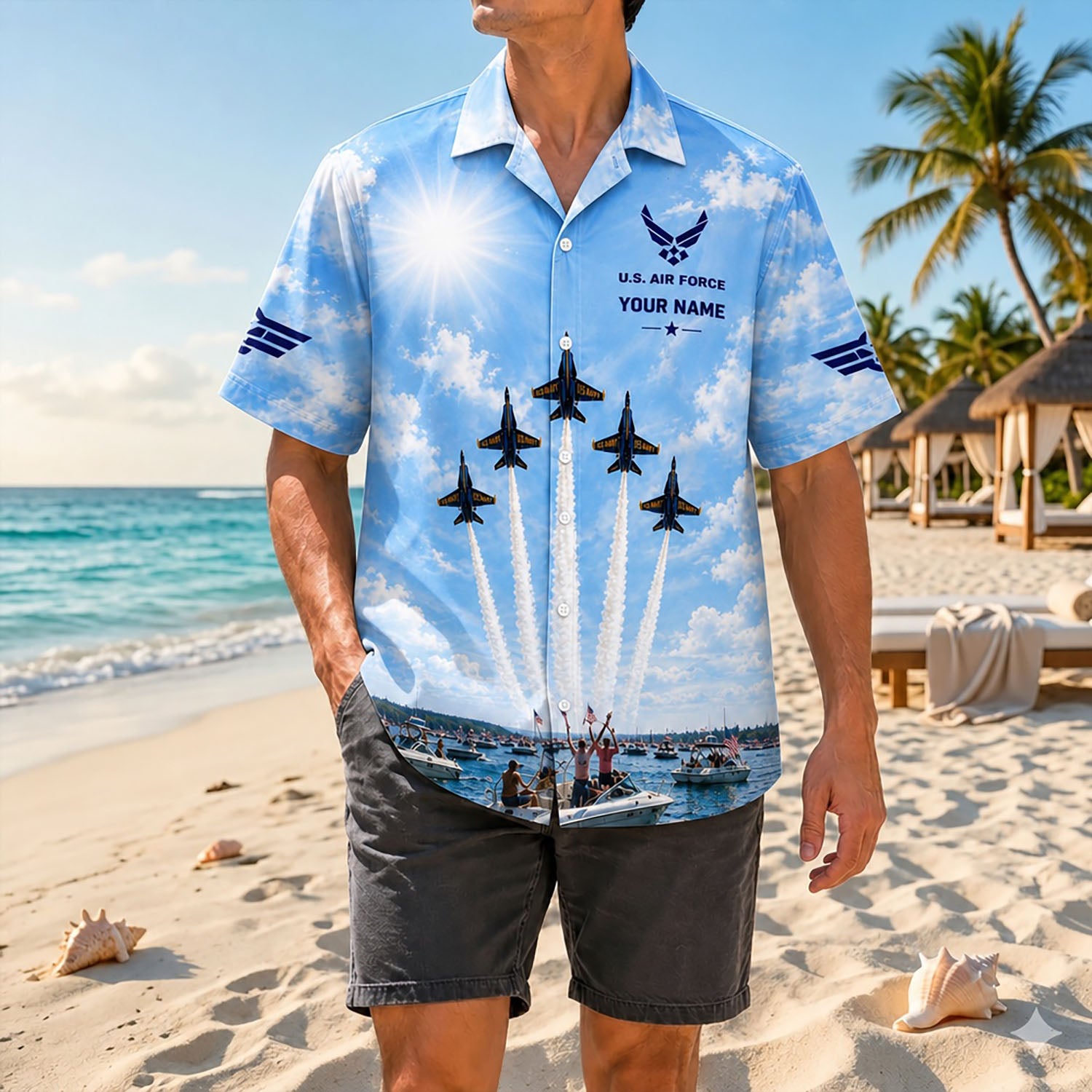 Full shot of a male model standing on a sunny coast wearing the custom name blue sky jet performance shirt with dark casual shorts