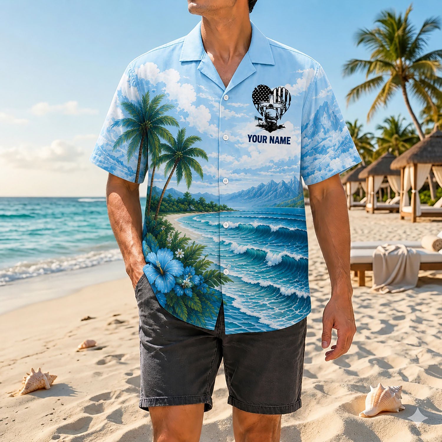Full shot of a male model walking on the sand wearing the custom name kneeling soldier cross shirt paired with dark grey casual shorts