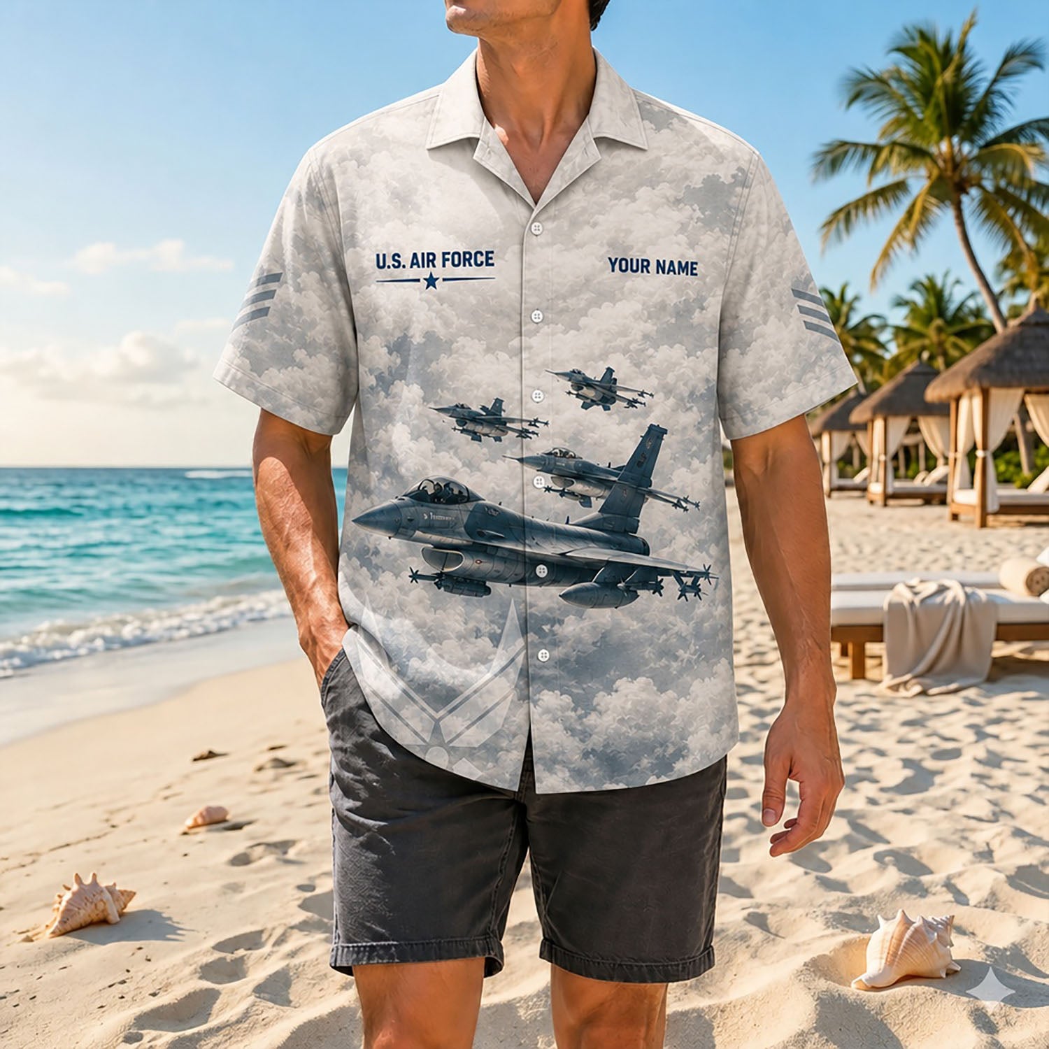 Full-body shot of a man modeling the custom military aviator shirt on a sunny shore paired with dark charcoal shorts