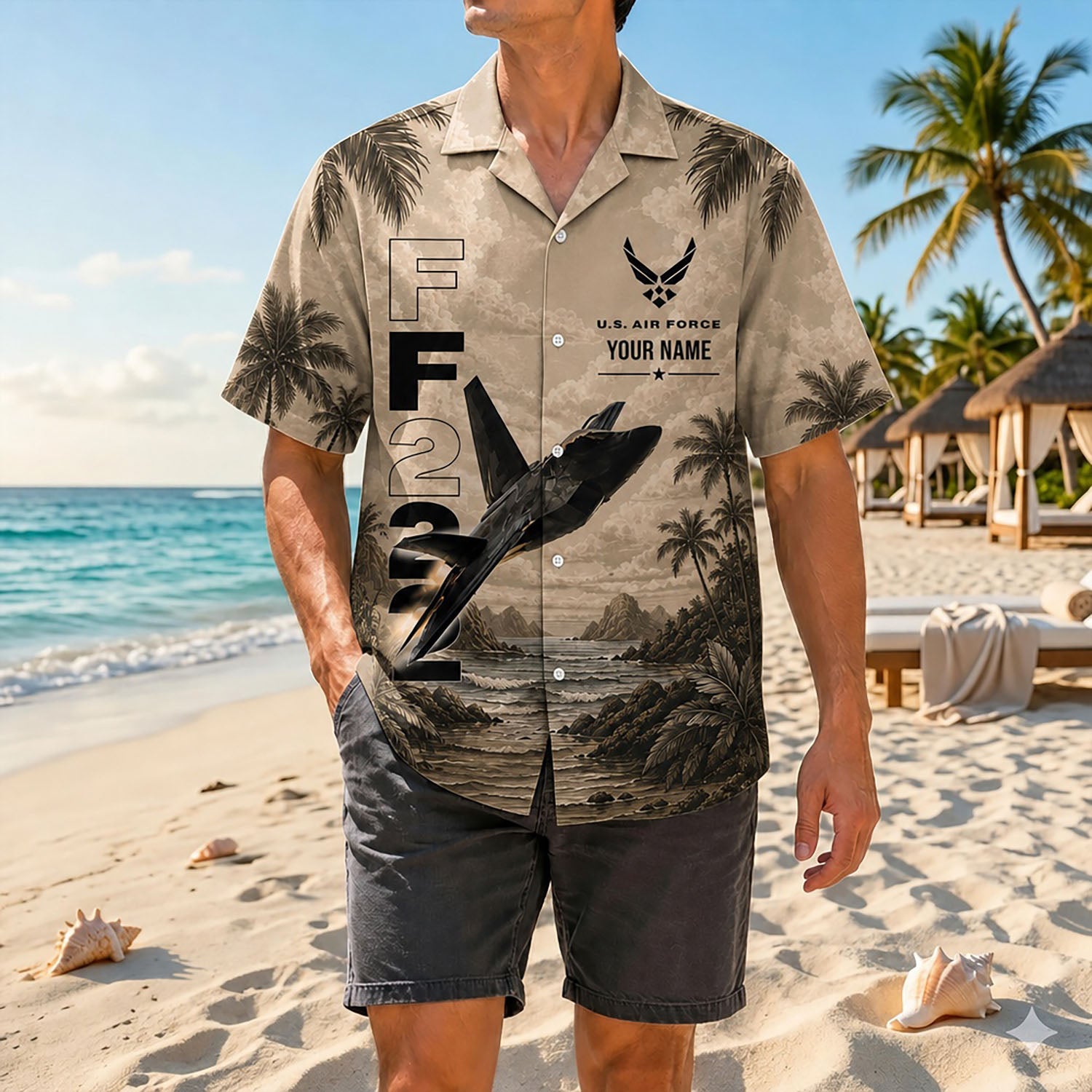 Full-body shot of a man modeling the custom military aviator shirt on a sunny shore paired with dark charcoal shorts