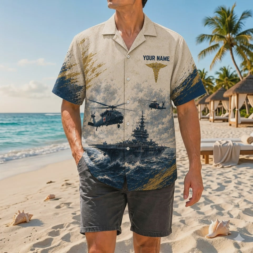Video preview showcasing the textured splash grunge aesthetics, high-definition battleship artwork, personalized name area, and premium fabric movement