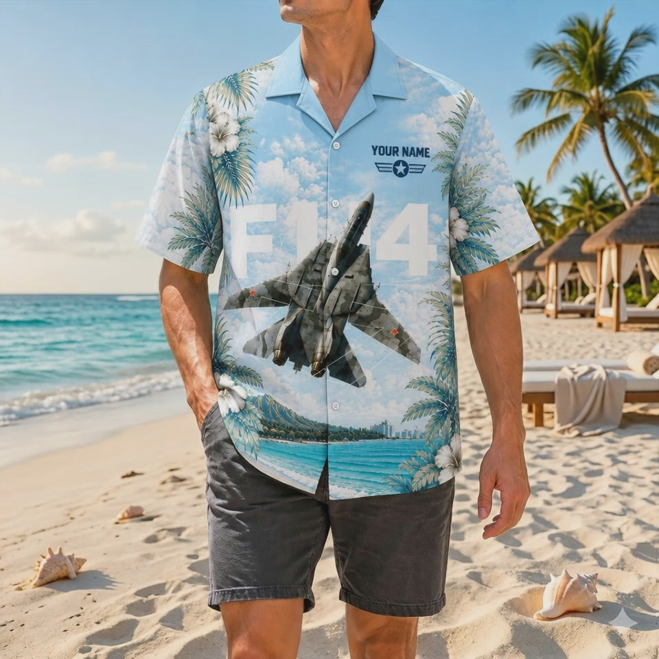 Video preview displaying the high-resolution F-14 camouflage texture, scenic Hawaii beach print, custom name badge, and breathable fit