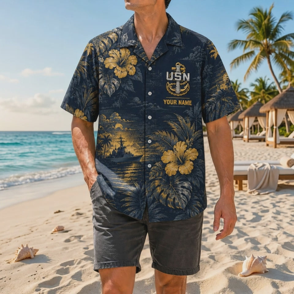 Video preview showcasing the detailed backbone anchor graphics, elegant golden hibiscus patterns, custom name embroidery layout, and fluid dark navy fabric drapes