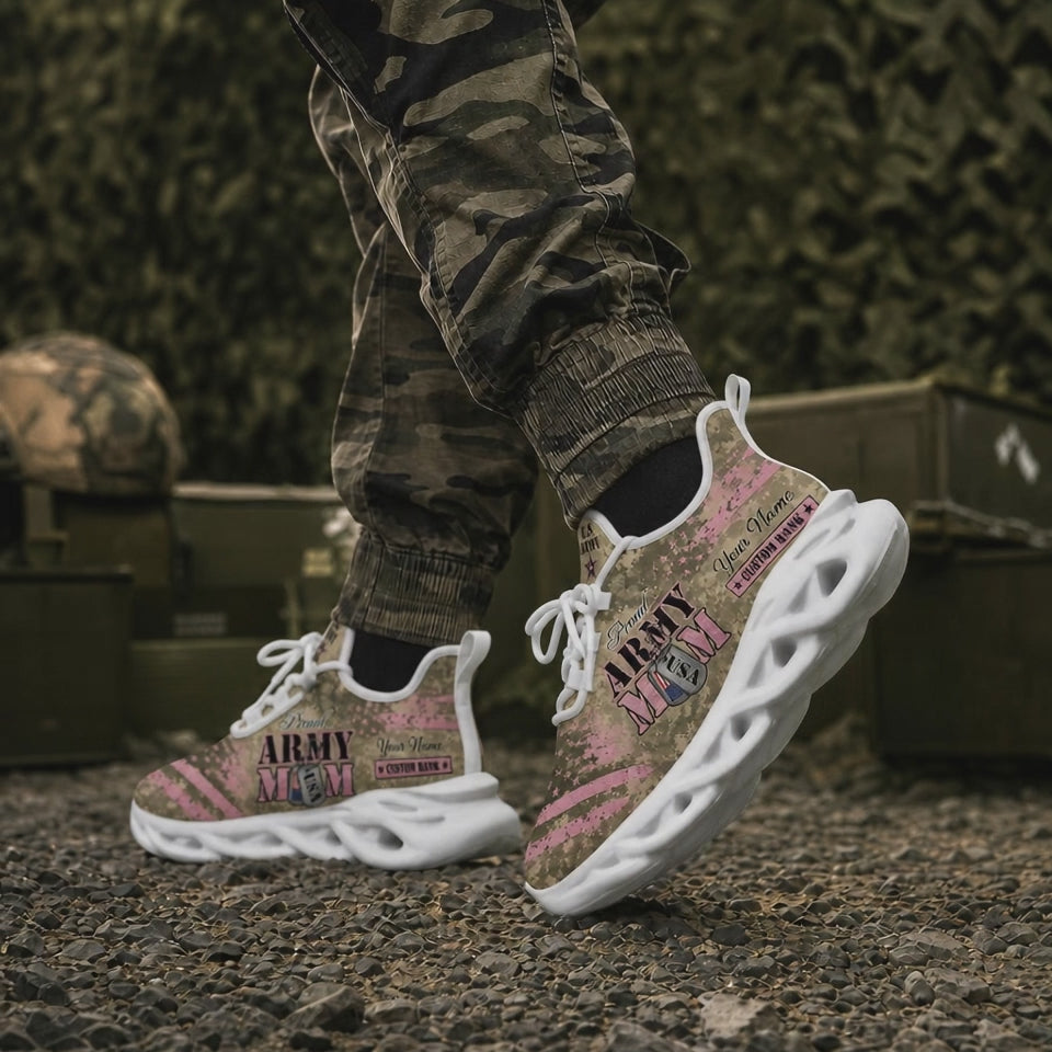 Custom Name Proud Army Mom Pink Camo Max Soul Shoes, Veteran Sneaker