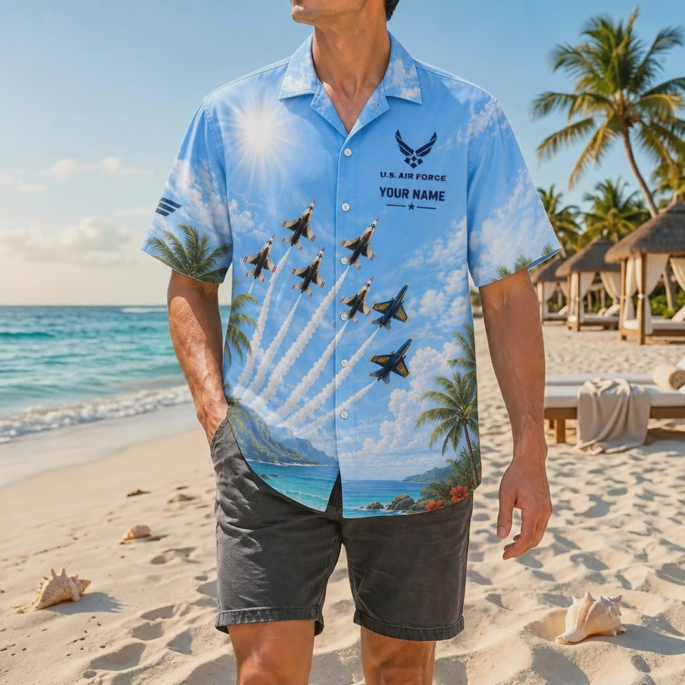Video preview highlighting the bright sunlit-sky design, detailed jet formation graphics, customized pilot nameplate, and premium tropical fabric finish