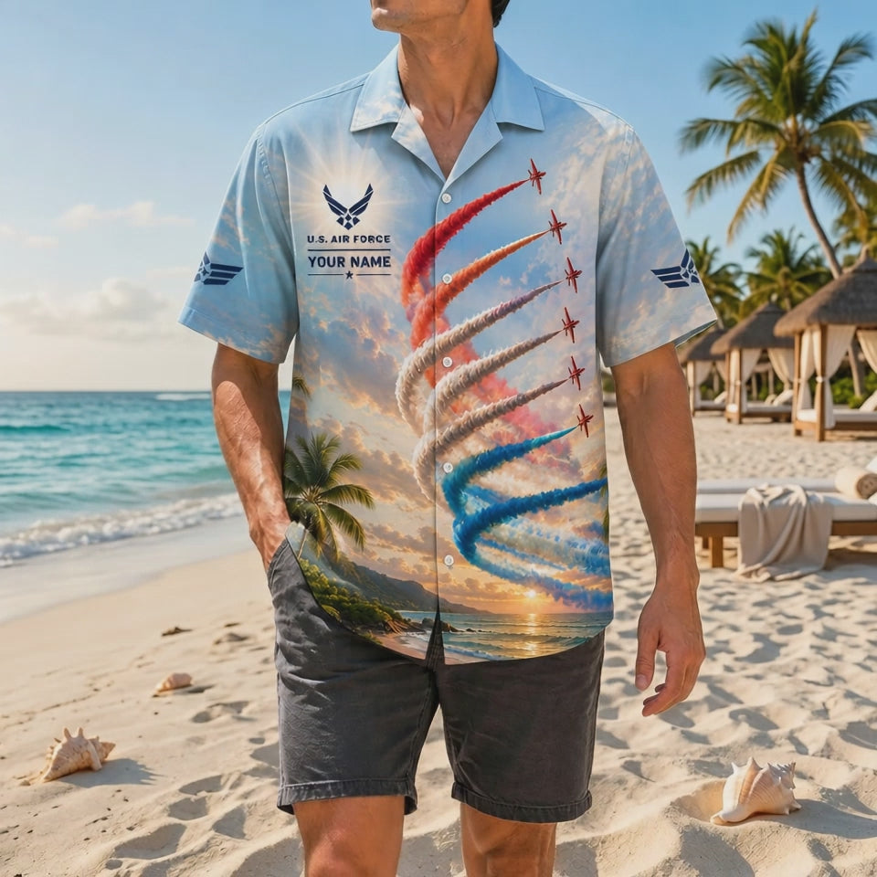 Video preview highlighting the vivid red, white, and blue smoke streams, radiant sunset reflections, custom stencil name detailing, and premium breathable resort construction