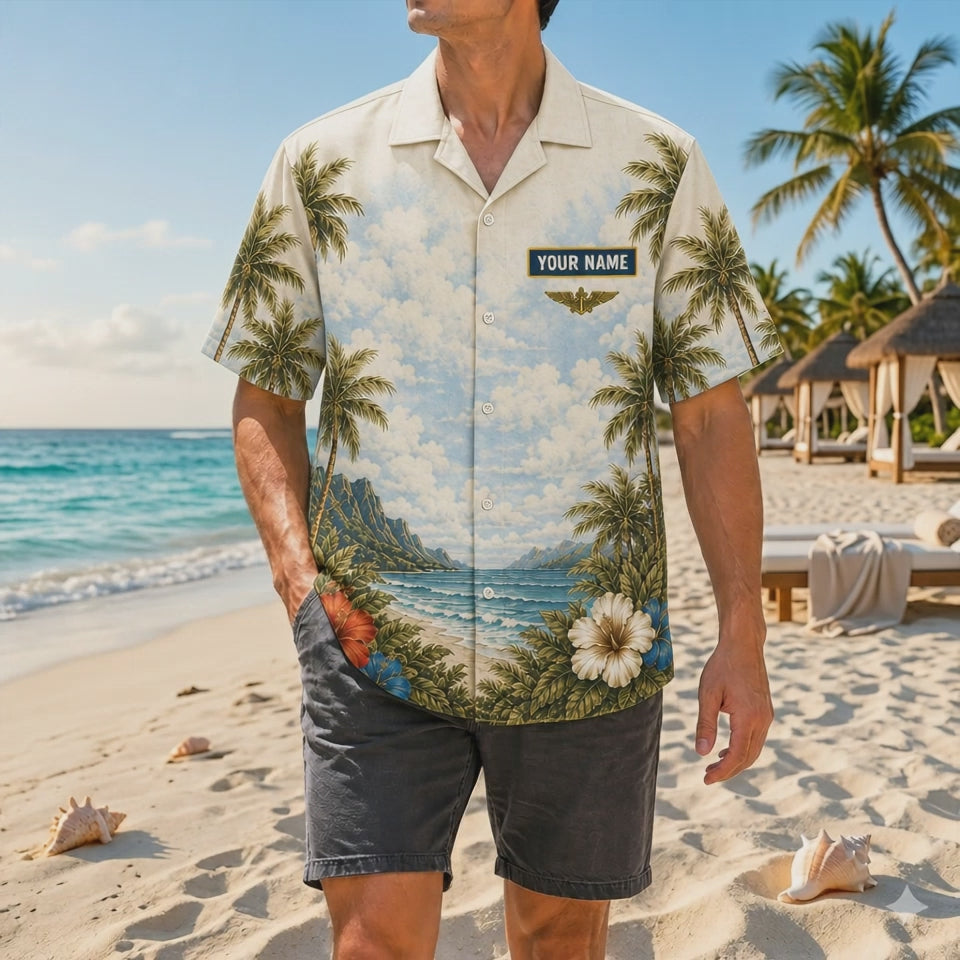 Video preview showcasing the beautiful beach landscape print, custom name text display, vibrant hibiscus colors, and comfortable relaxed fit