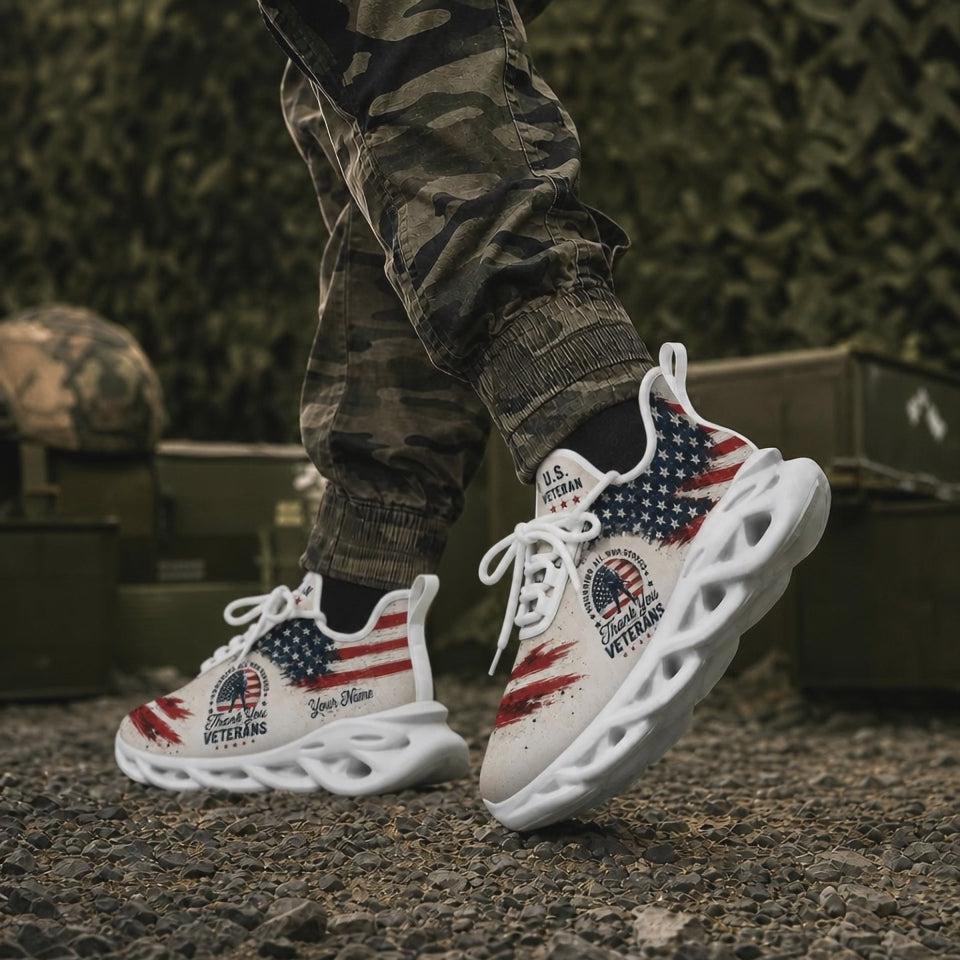 Custom Name US Veterans American Flag Max Soul Shoes, Veteran Sneaker