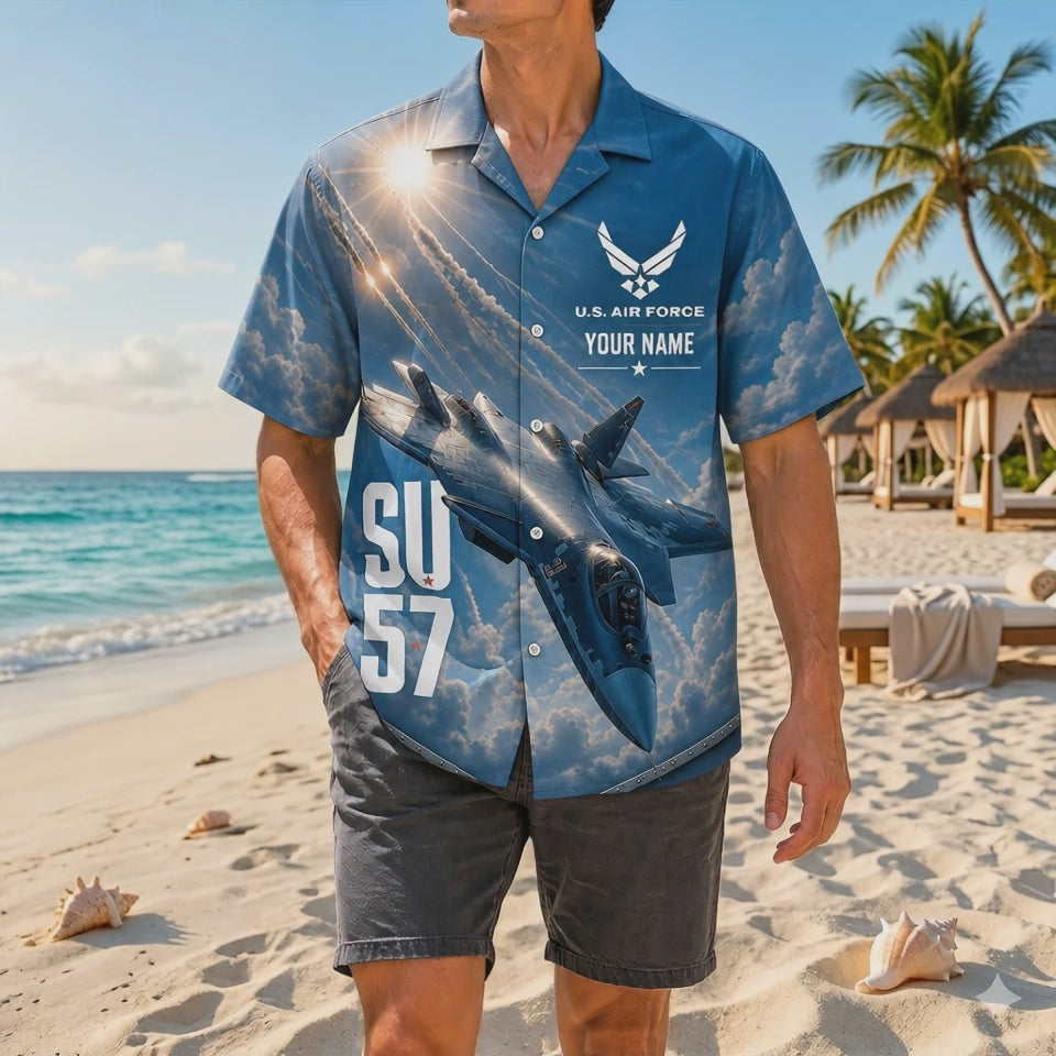 Video preview highlighting the bright sky blue tones, sharp details of the Sukhoi jet design, custom personalized nameplate, and flexible resort fabric drape