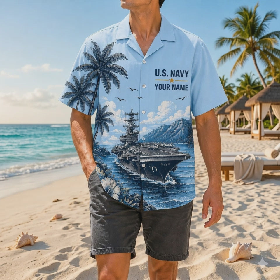 Video preview displaying the high-definition printing crispness, premium woven fabric texture, and relaxed fit of the custom USS George H.W. Bush CVN-77 US Navy Hawaiian shirt