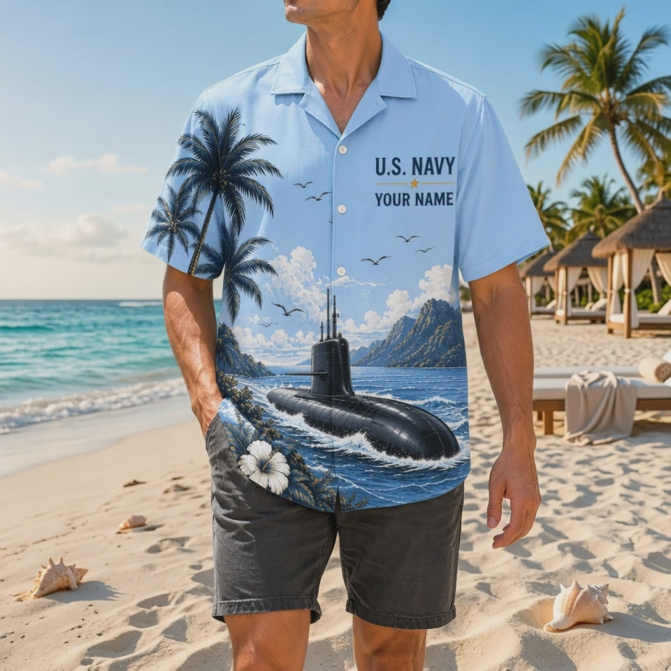 Video preview displaying the high-definition printing crispness, premium woven fabric texture, and relaxed fit of the custom US Submarine Force Navy Hawaiian shirt