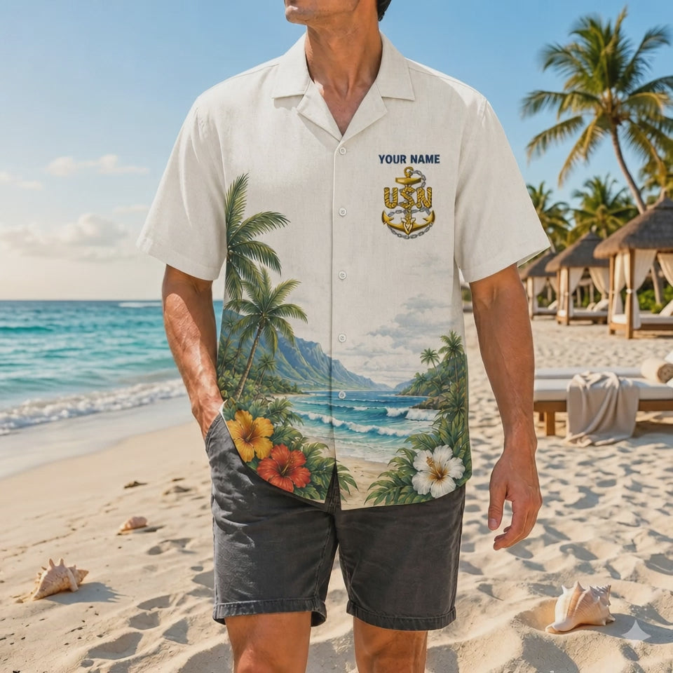 Video preview showcasing the detailed rope embroidery graphic print, custom sailor name display, vivid hibiscus flower details, and premium light fabric matrix
