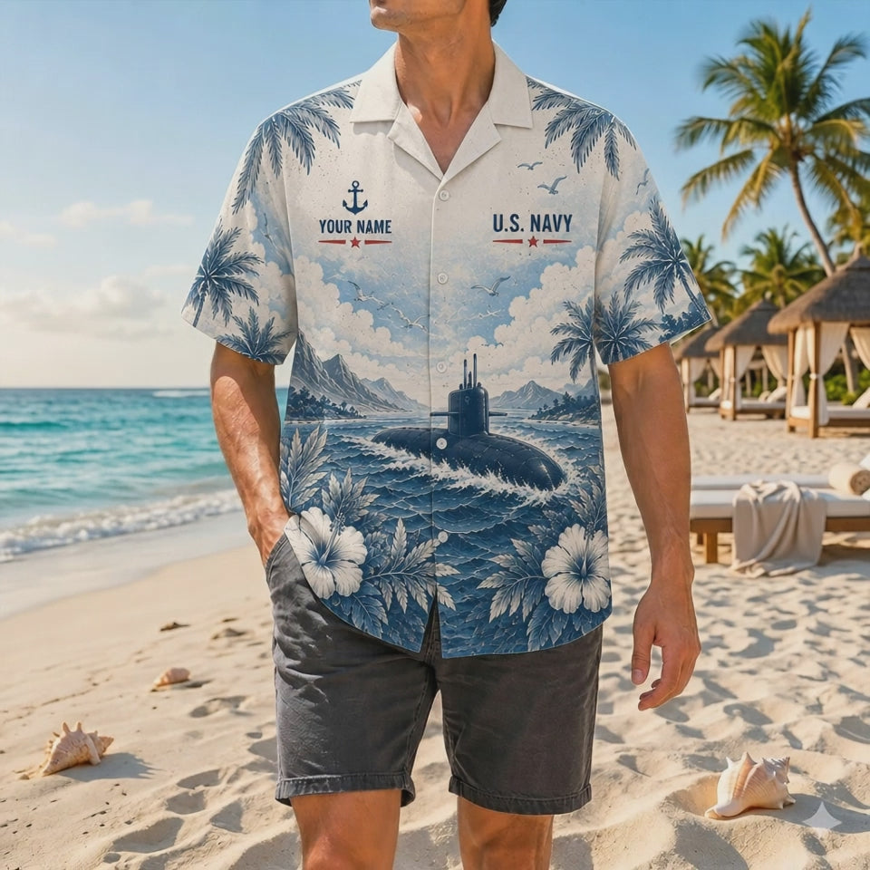 Video preview displaying the vibrant high-definition printing, premium woven fabric texture, and relaxed fit of the custom Akula Class Submarine US Navy off-white Hawaiian shirt