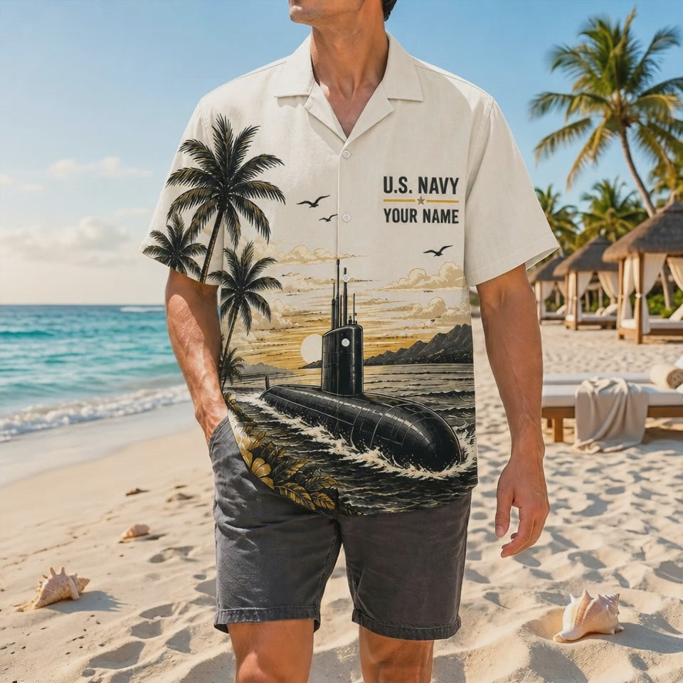 Video preview displaying the vibrant golden sunset printing, premium woven fabric texture, historic nuclear submarine details, and relaxed fit of the custom USS Nautilus SSN-571 shirt