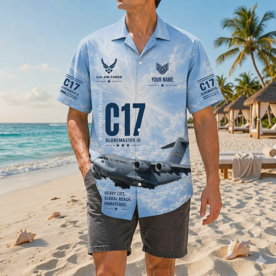 Video preview showcasing the soft cooling fabric weave, sharp technical typography layouts, personalized airforce rank plates, and detailed C-17 plane graphic prints