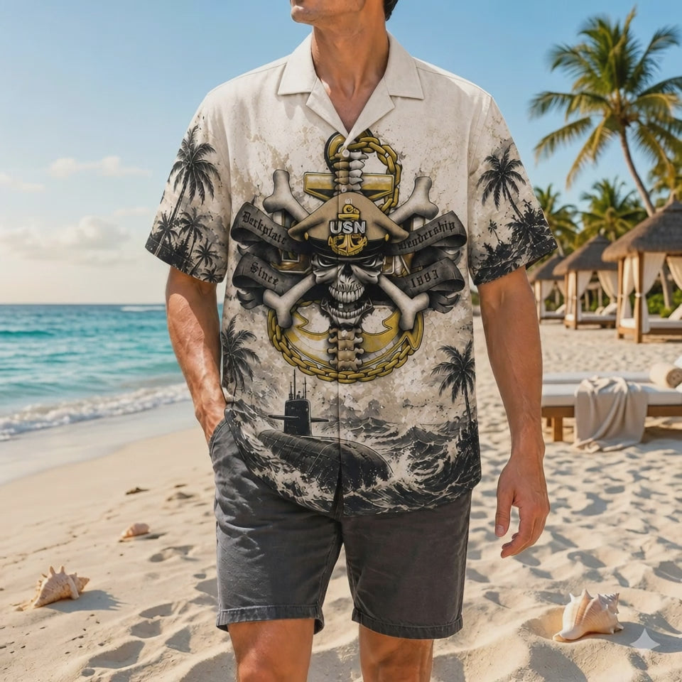 Video preview showcasing the detailed grunge texture background, crisp tattoo-style lines of the USN skull anchor, and loose-fit model movement