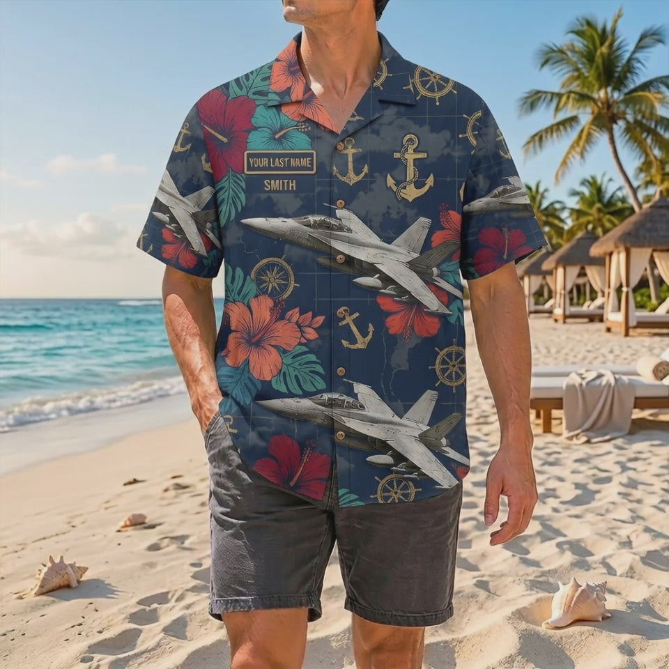 Official Product Showcase Video: Custom Navy F/A-18 Super Hornet Tropical Hibiscus Hawaiian Shirts