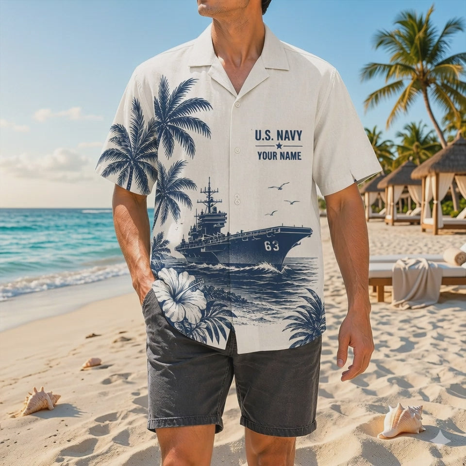Video preview showcasing the soft linen-like fabric flow, crisp indigo naval sketch illustrations, custom captain name block, and the historic CV-63 veteran seal layout