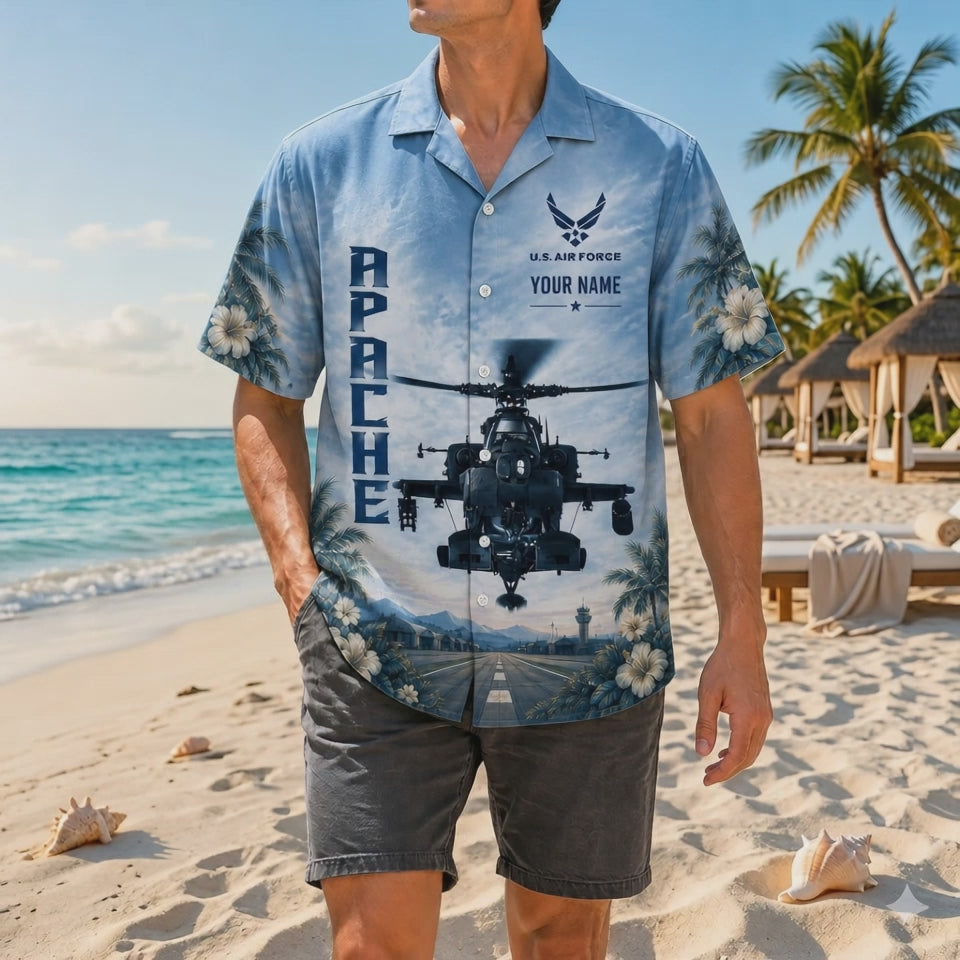 Video preview showcasing the misty sky-blue tone, detailed combat helicopter artwork, custom stenciled name block, and high-quality resort shirt fabric finish