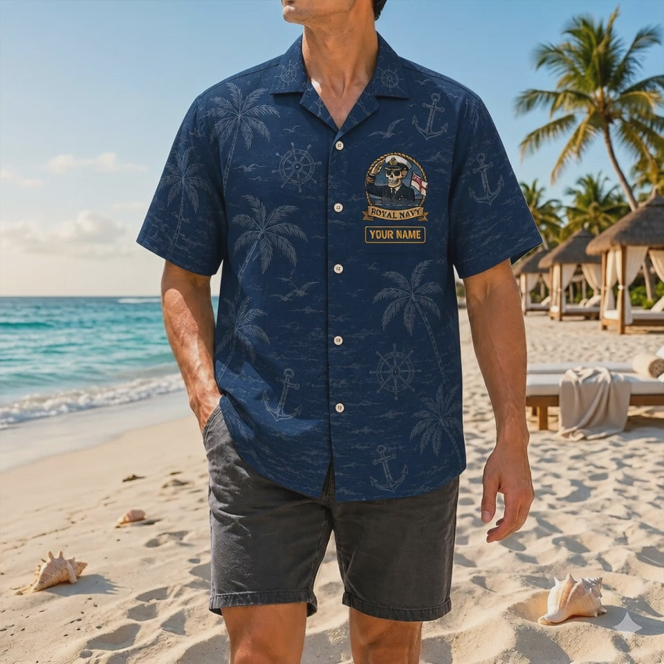 Video preview displaying the rich ocean navy tones, high-quality fabric texture, detailed saluting skull badge, and relaxed tropical fit