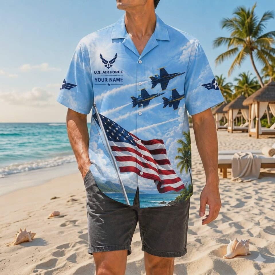 Video preview highlighting the bright sky-blue color gradients, crisp printing of the waving American flag, custom nameplate section, and fluid fabric motion