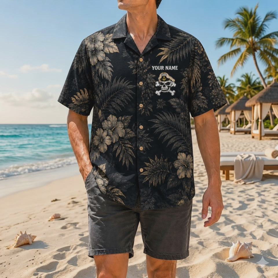 Video preview showcasing the premium gold-bronze hibiscus details, sharp skull and crossbones artwork, custom name badge, and breezy black fabric motion