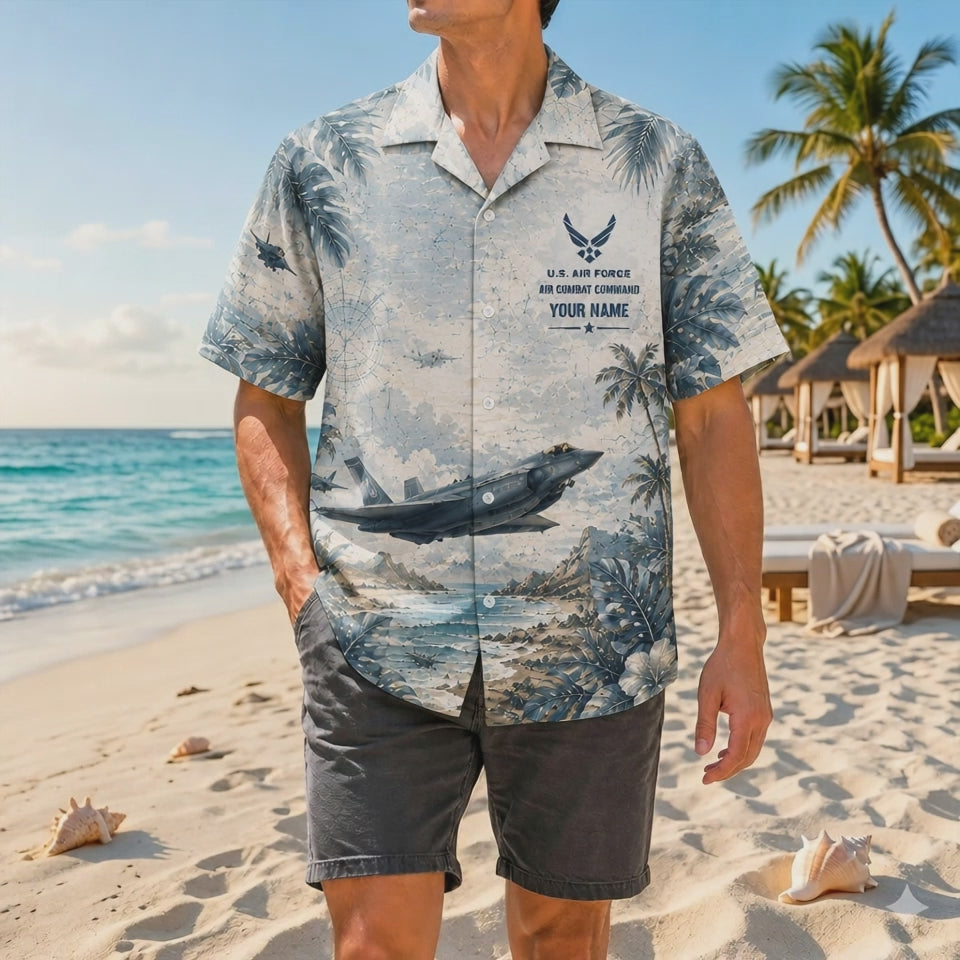 Video preview highlighting the soft indigo botanical accents, detailed F-35 stealth jet textures, personalized chest plate, and smooth linen-like fabric drape