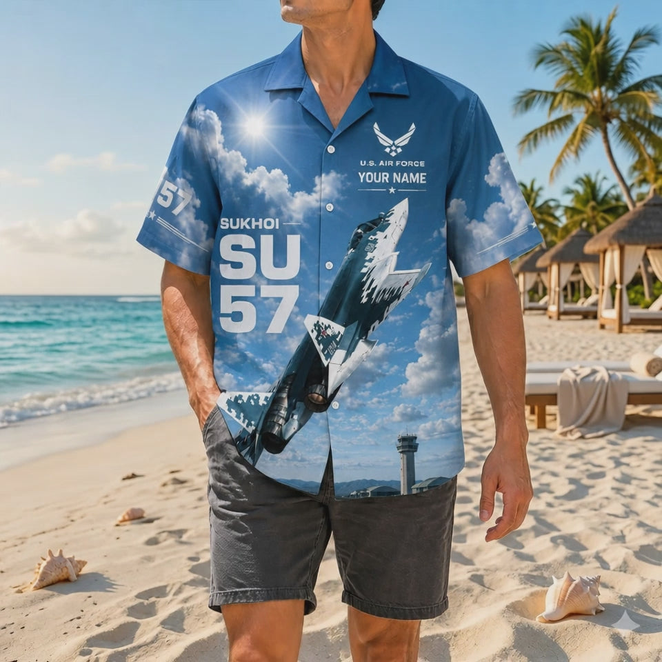 Video preview showcasing the premium soft-spun fabric texture, high-definition Sukhoi Su-57 stealth jet vertical climb prints, custom veteran name plates, and runway lines