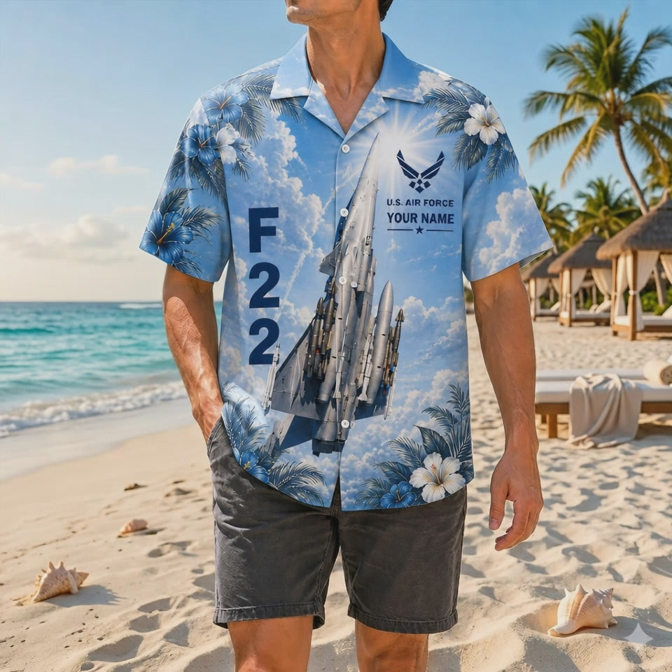 Video preview highlighting the bright blue tones, sharp details of the F-22 Raptor airframe, custom personalized nameplate, and flexible resort fabric drape