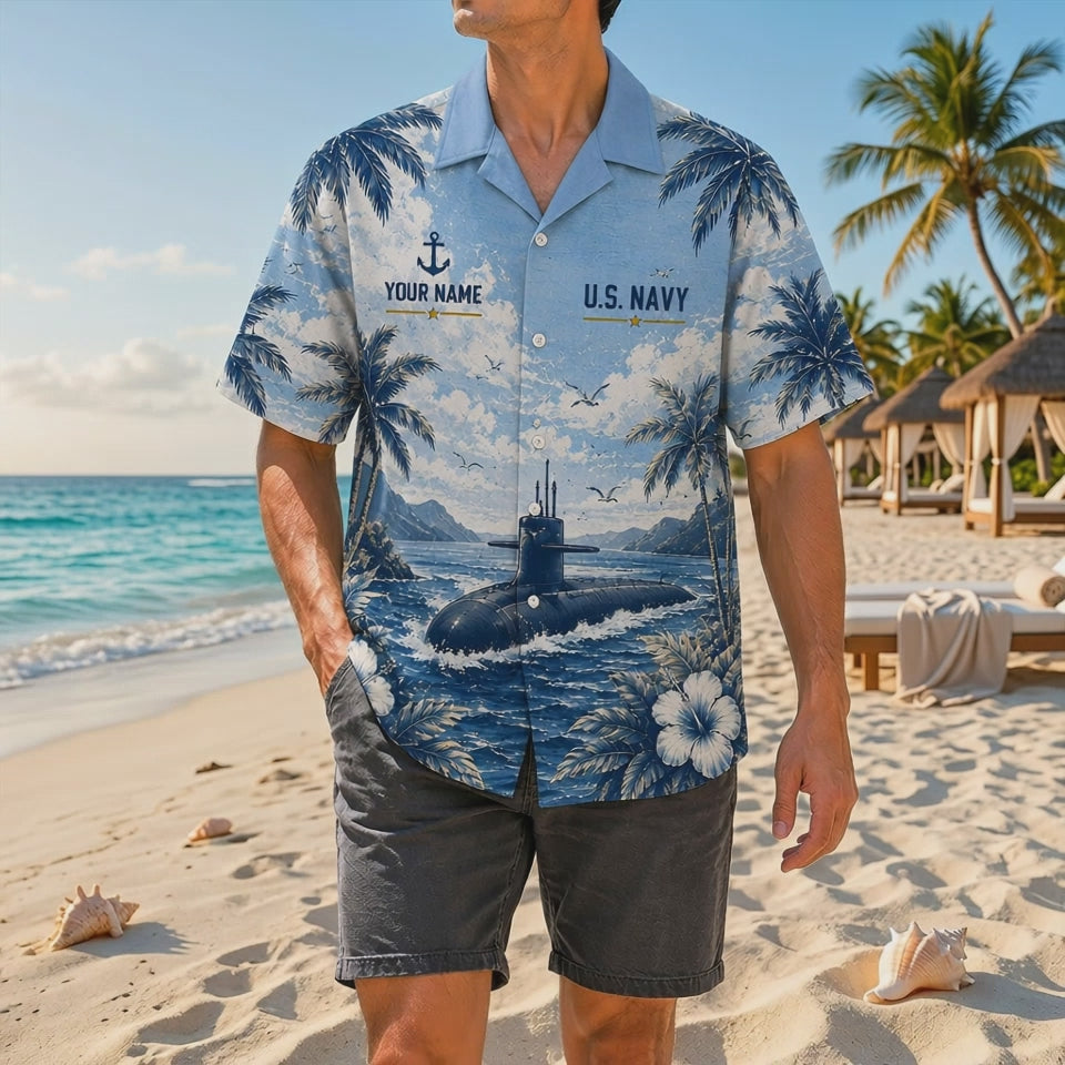 Video preview displaying the high-definition printing crispness, premium woven fabric texture, and relaxed fit of the custom USS Wasp LHD-1 US Navy Hawaiian shirt