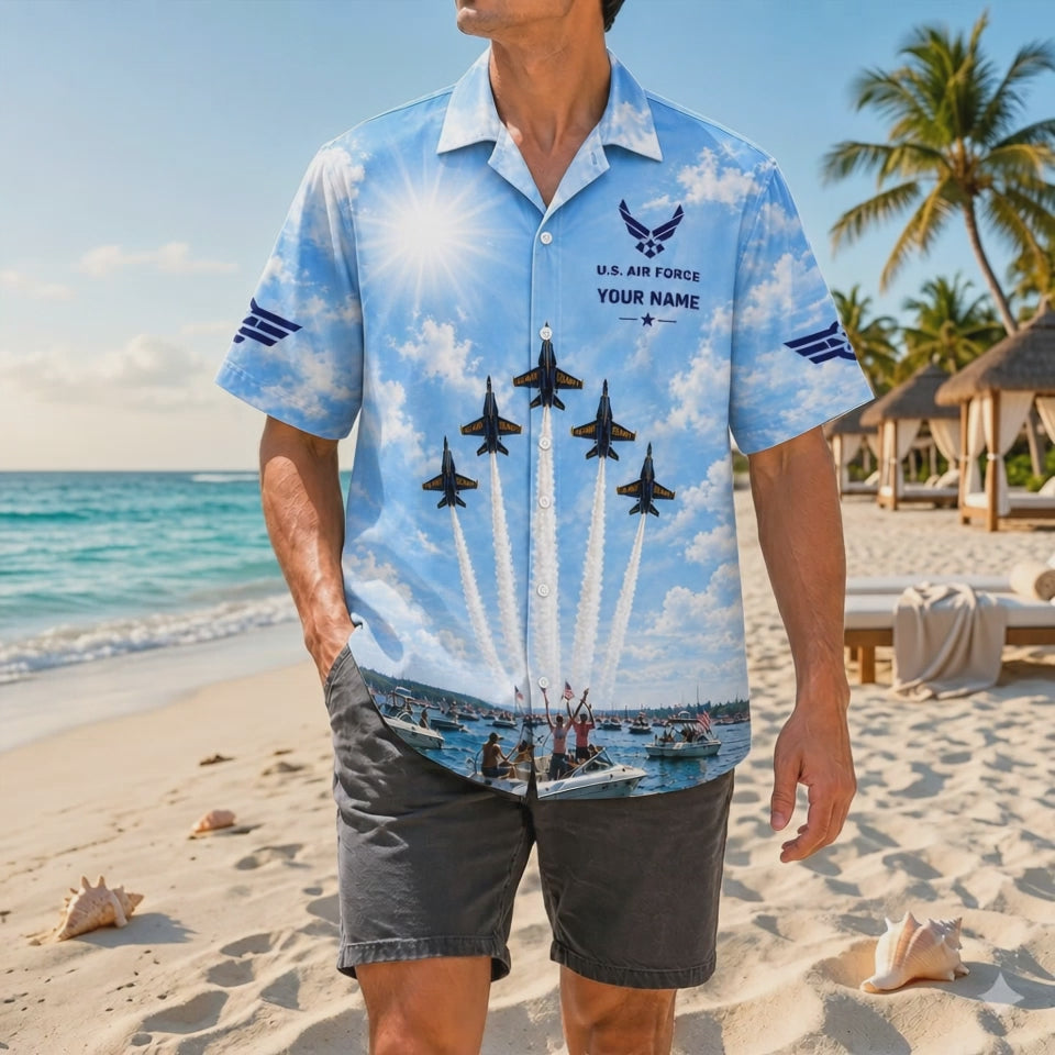Video preview showcasing the premium soft-spun fabric weave, high-definition Blue Angels airshow prints, custom veteran name plates, and ocean spectator boat details