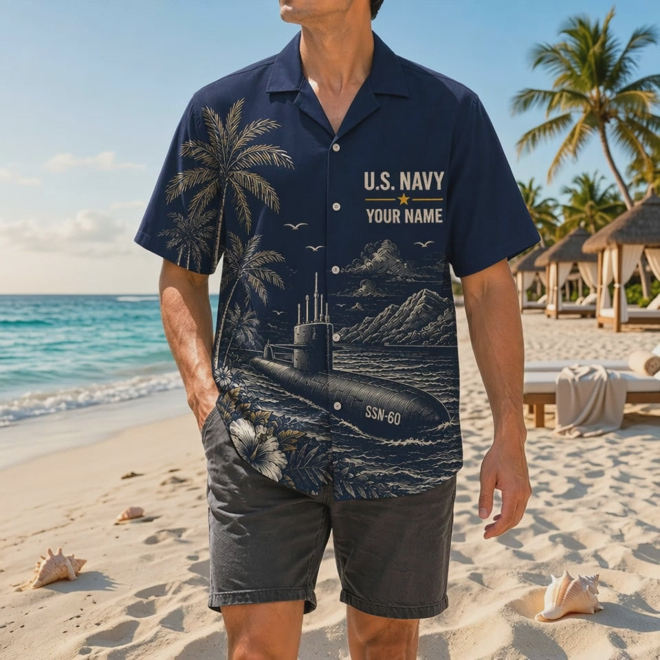 Video preview showcasing the premium soft-spun texture, crisp sand-cream submarine hull lines, personalized veteran name blocks, and the bold gold trident tactical navy crest