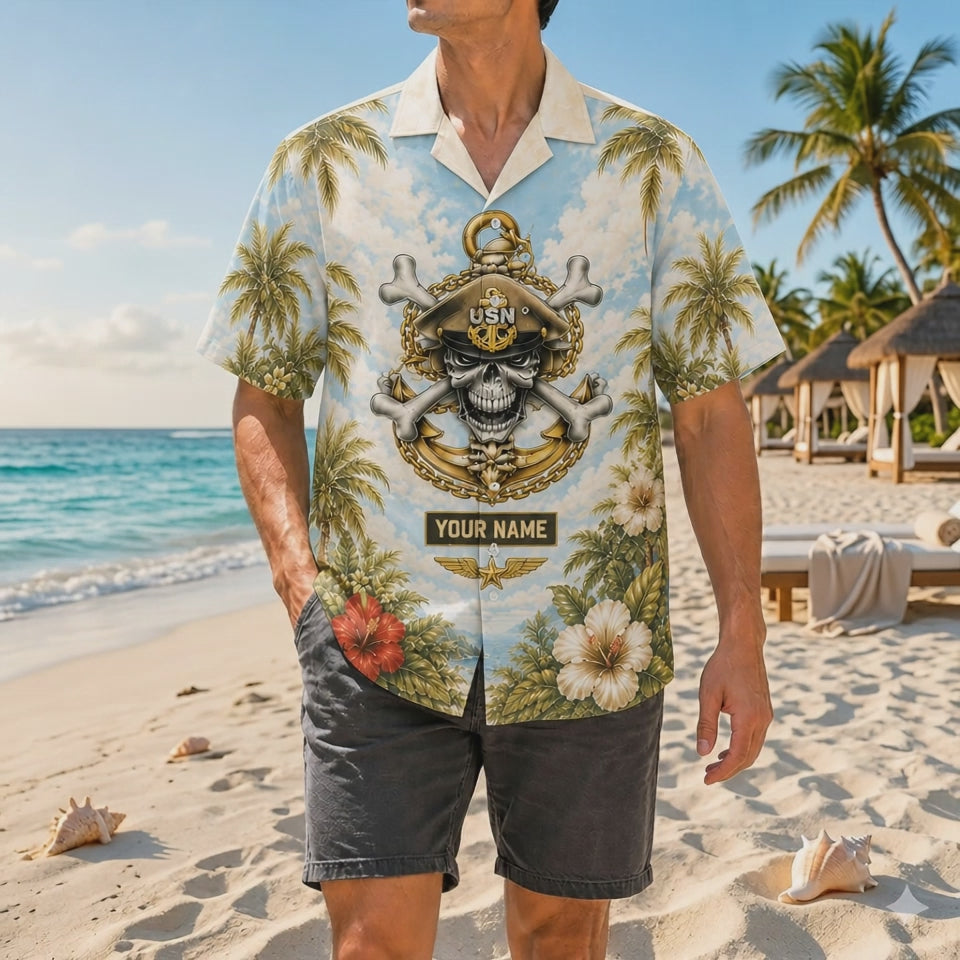 Video preview showcasing the realistic golden texture of the skull anchor emblem, custom nameplate display, vibrant tropical colors, and casual outdoor fit