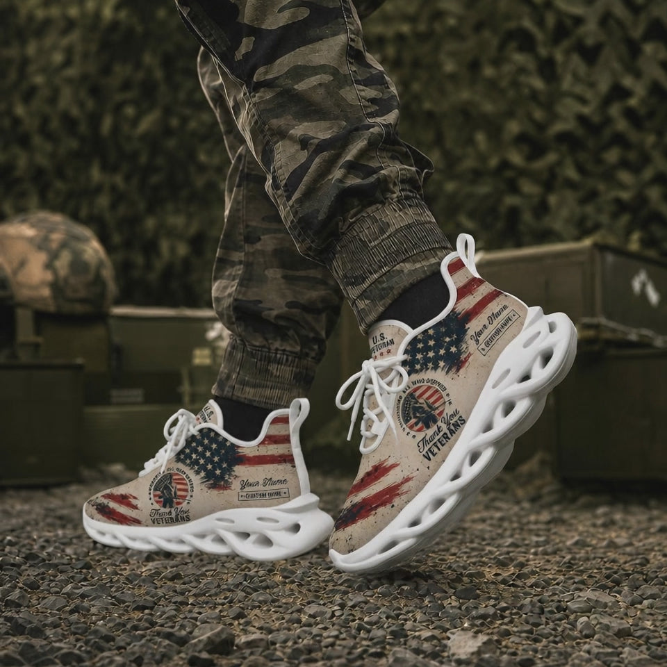 Custom Name Thank You US Veterans American Flag Max Soul Shoes, Veteran Sneaker