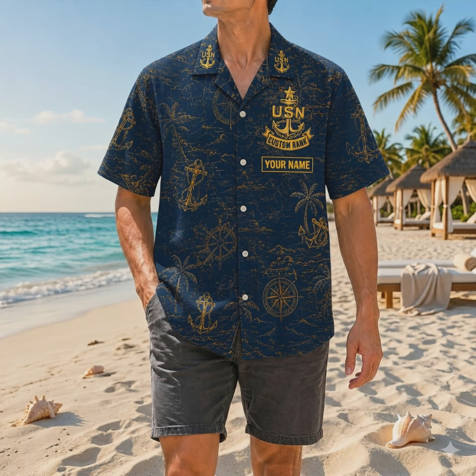Video preview displaying the premium navy and gold print quality, detailed USN collar insignia, retired CPO goat graphics, and relaxed fit of the custom shirt