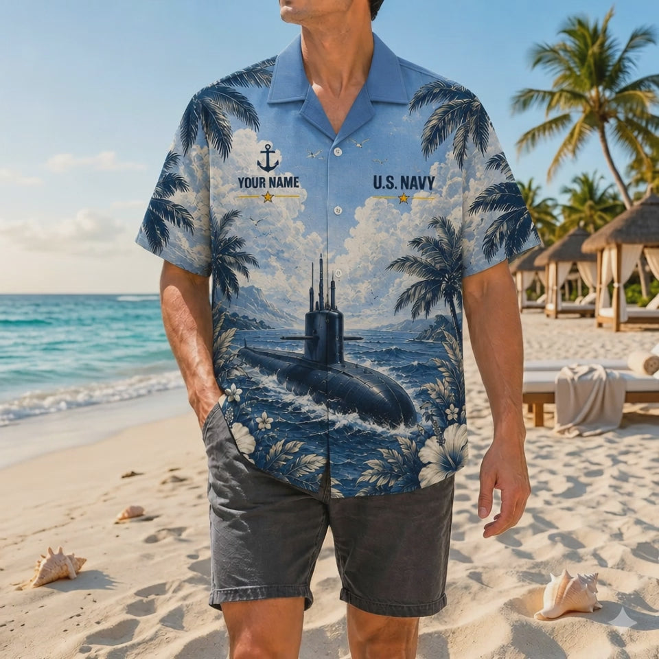 Video preview displaying the vibrant blue custom printing, premium woven fabric texture, matching solid blue collar, and relaxed fit of the USS Nautilus SSN-571 Navy Hawaiian shirt
