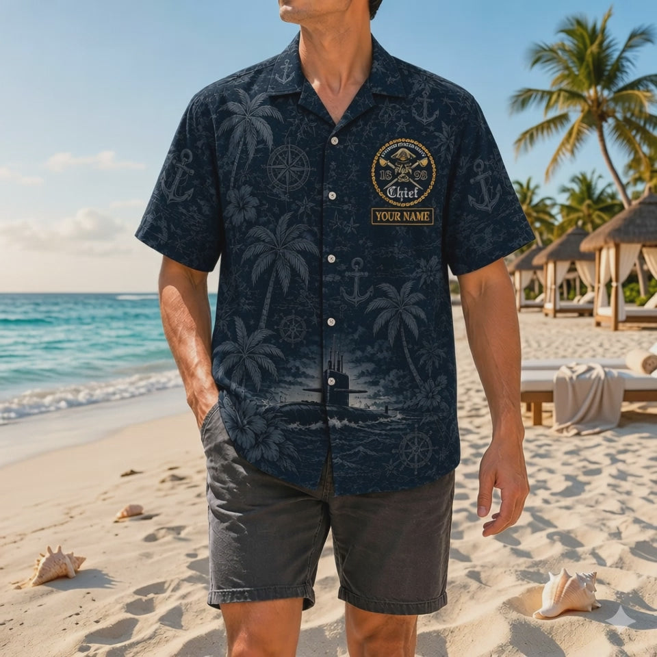 Video preview displaying the rugged dark navy print, high-quality fabric texture, detailed 1893 gold chain emblem, and relaxed fit of the custom shirt