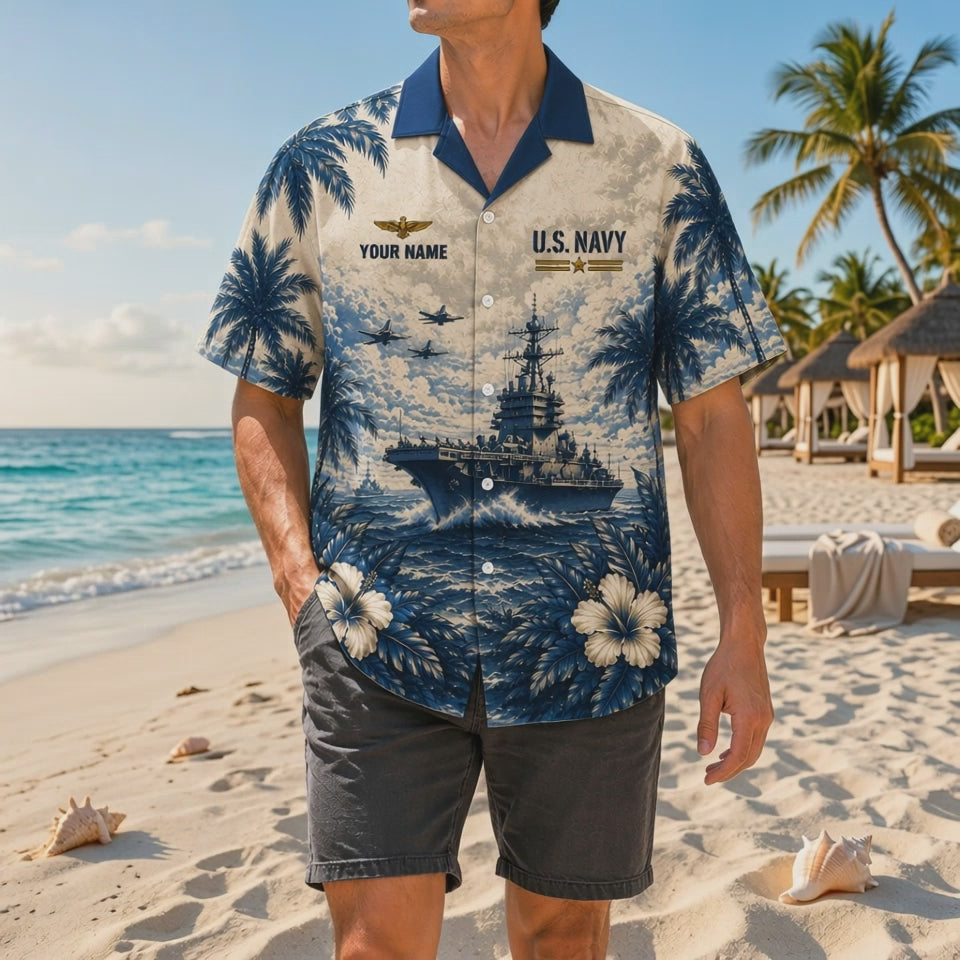 Video preview showcasing the sharp contrast navy blue camp collar, deep indigo ocean waves, highly detailed aircraft carrier layout, and custom name personalization area